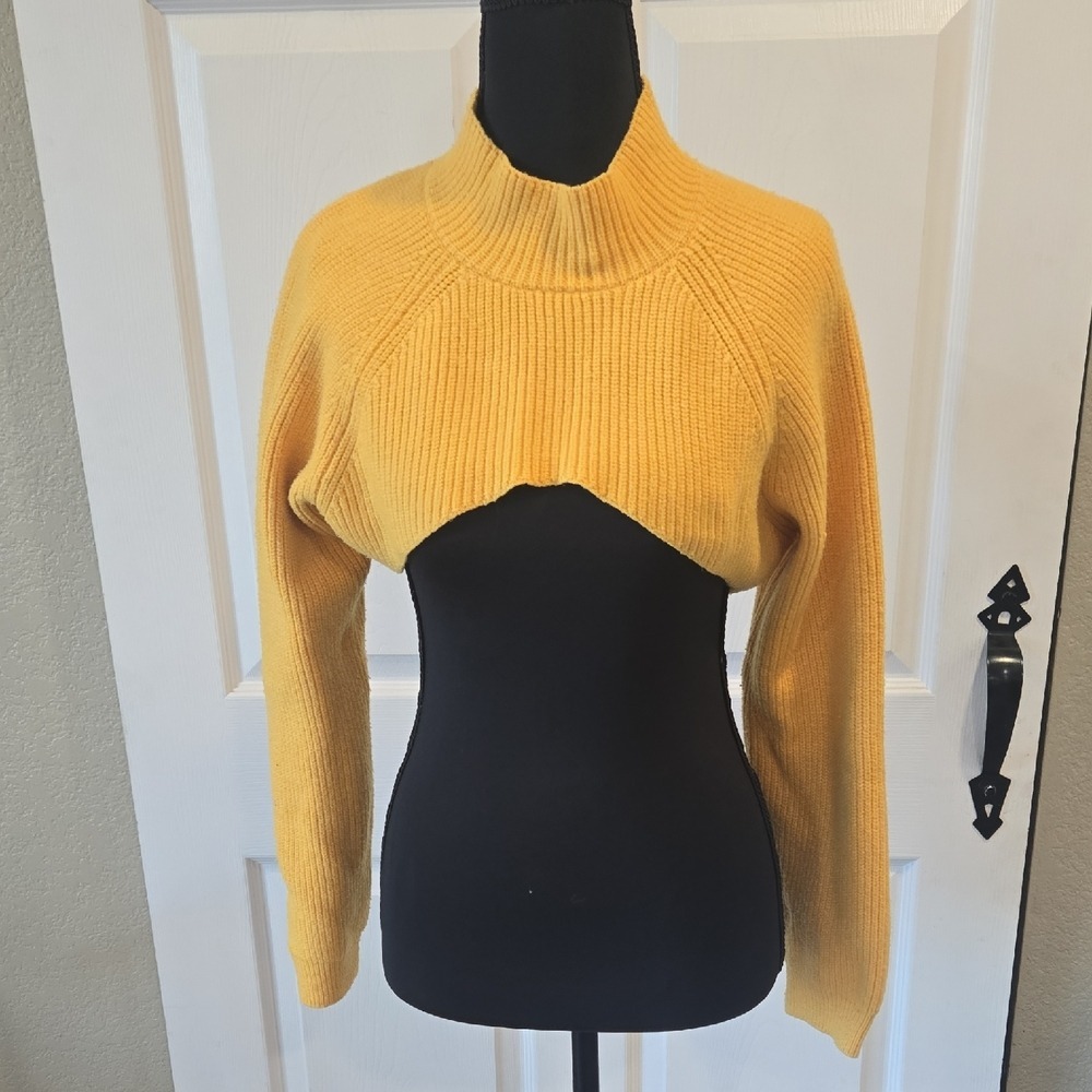 Anthropologie Mustard Yellow Mock Neck Ultra Crop Shrug Sweater SW9542B Womens L